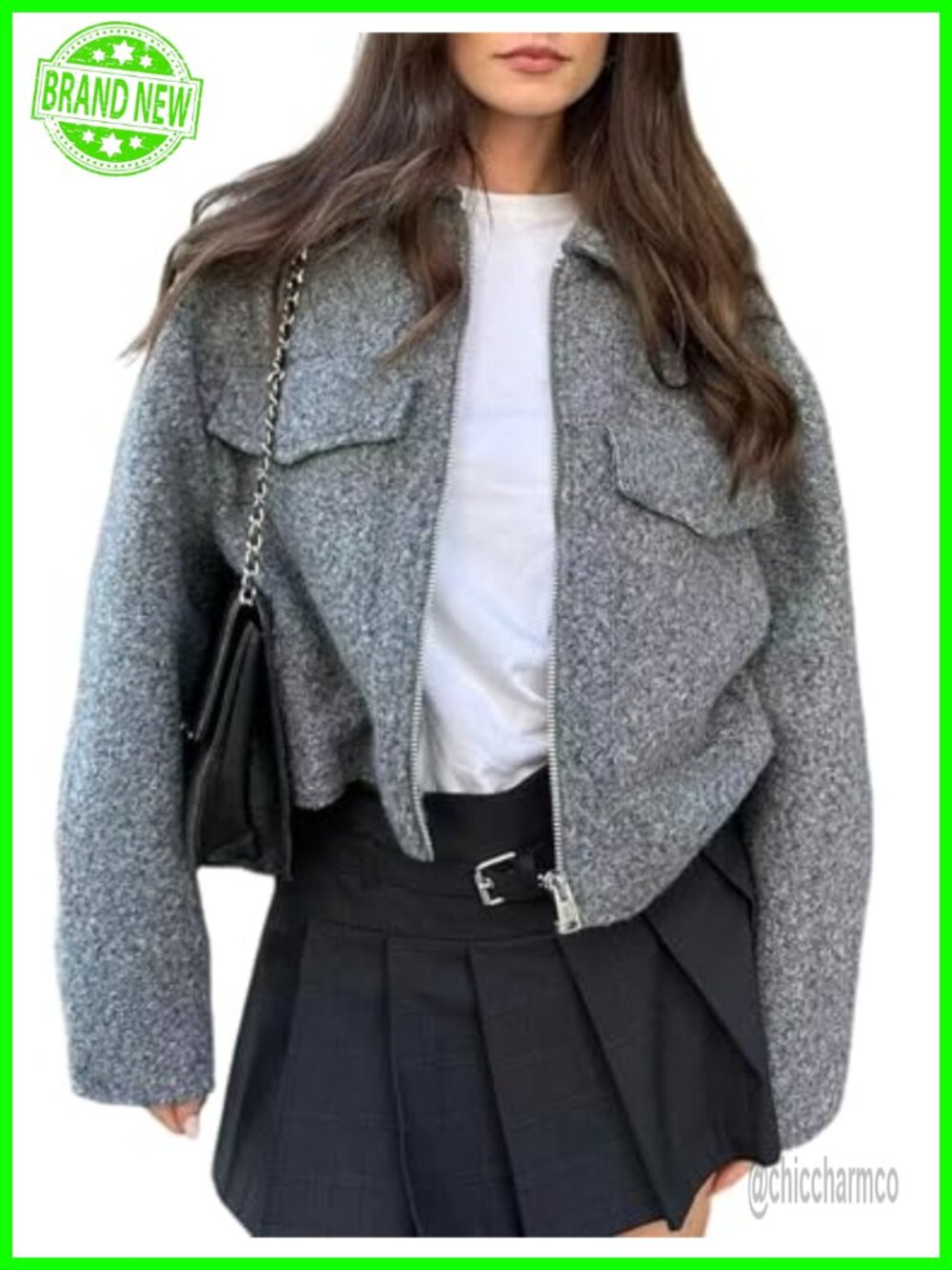 Wool Blend Cropped Bomber Jacket for Women Zip Up Casual Coat with Pockets